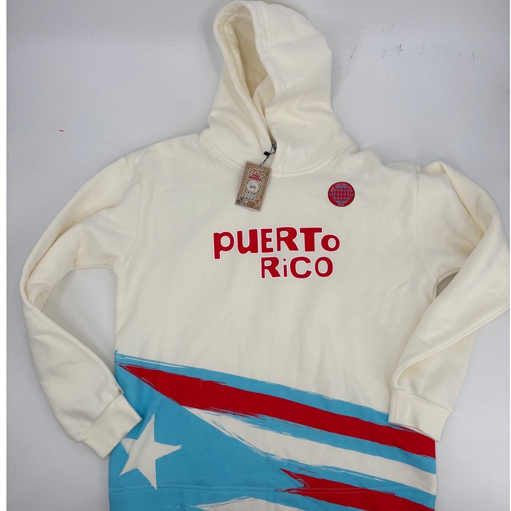 Bad Bunny Puerto Rico Hoodie Cream Red Blue Flag Graphic Pullover NWT